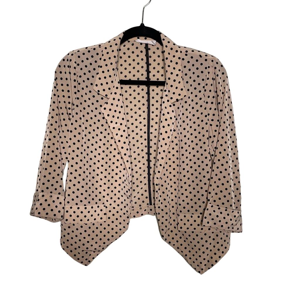 Lush Blazer Jacket Polka Dot 3/4 Sleeve Open Front Tan Black M Office Siren Corp